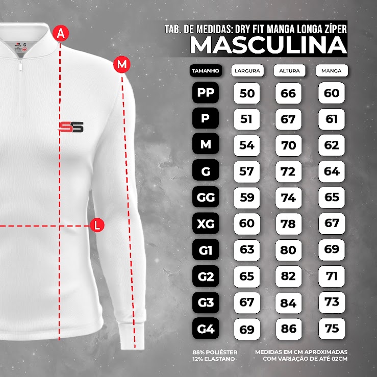 Tabela de medidas Dry Fit Manga Longa Zíper Masculina — largura, altura e manga em cm por tamanho